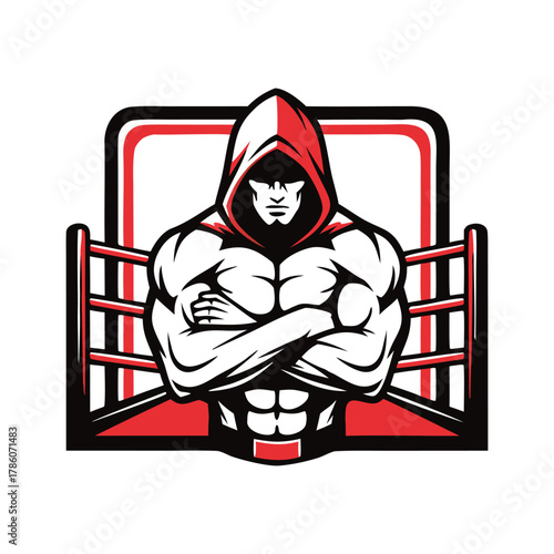 Muscular hooded fighter vector illustration in a boxing ring, showing power and grit