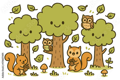 Whimsical Woodland Creatures. Cute doodle forest with happy trees, tiny mushrooms with faces, squirrels holding acorns, owls with
