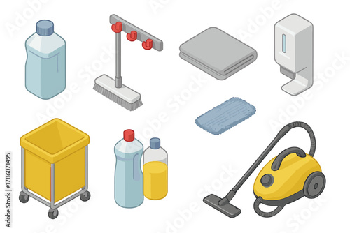 Isometric Cleaning Essentials. Isometric vector illustration set of Cleaning Services: sealed chemical bottle, wall-mounted mop