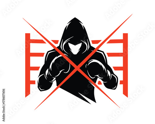 Stylized boxer in hoodie and gloves, crossed by red lines, sign of forbidden fighting