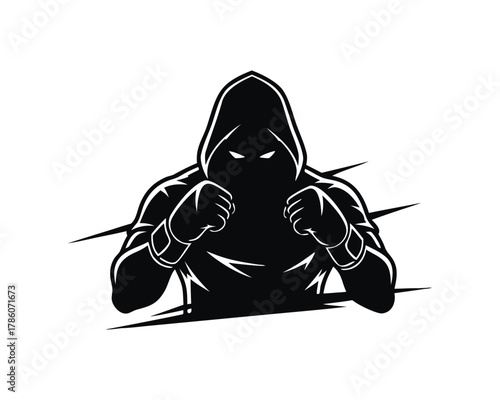 Hooded fighter silhouette with aggressive stance, glowing eyes, ready for combat sport