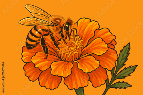 Honeybee on Marigold. Vibrant honeybee collecting pollen from a vivid orange vector illustration marigold flower, sharp natural