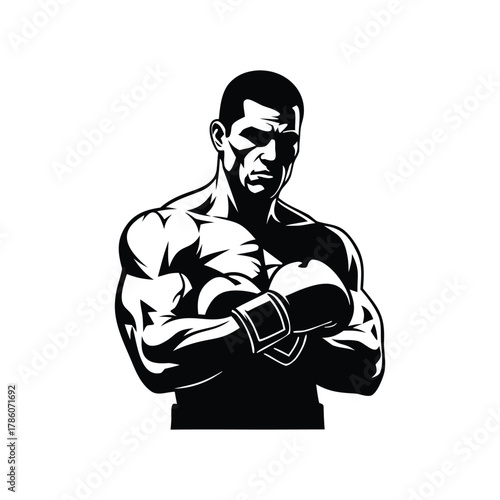 Muscular boxer in gloves, arms crossed, determined, intense black and white graphic art logo.