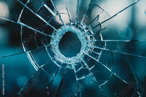 Close-up of bullet hole on glass with blue tones. AI image