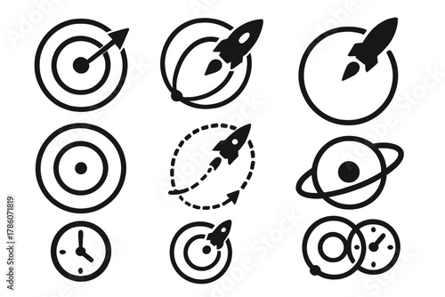 Hohmann Transfer Icons. Solid style icons of Hohmann transfer orbits: two concentric orbits, elliptical transfer path, spacecraft
