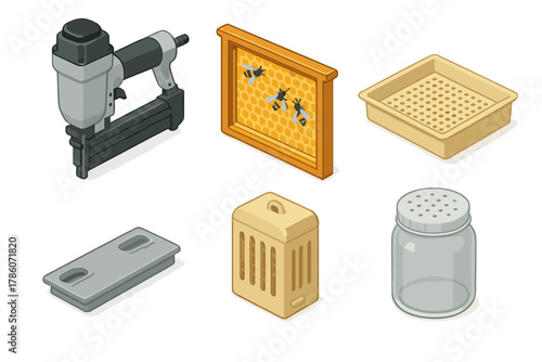 Beekeeping Tools Isometric. Isometric vector illustration set Beekeeping tools: frame nailer tool, bee observation window, plastic