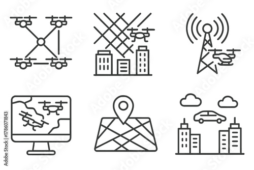 Flying Taxi Network Icons. Line style icons of flying taxi network systems: connected drone nodes, city-wide air path grid, signal