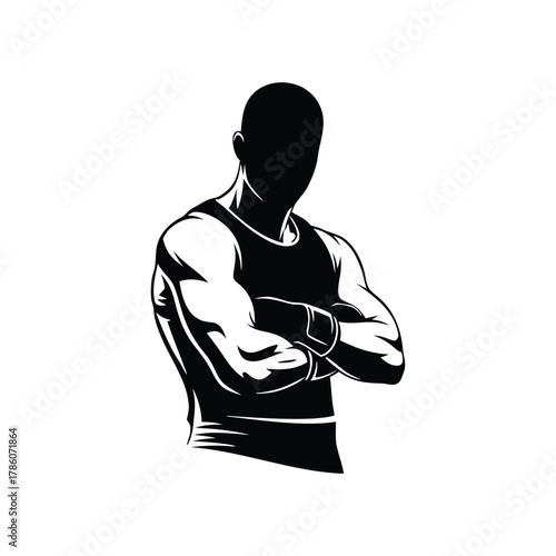 Male muscular body silhouette with crossed arms, strong athlete figure illustration art. isolated on white background