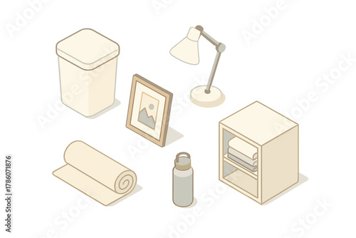 Minimalist Living Essentials. Isometric vector illustration set Minimalist living: plain white waste bin, single framed photo,