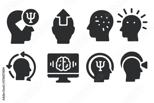 Psi Learning Icons. Solid style icons of psi-enhanced learning: instant knowledge beam, skill upload icon, mind expansion glyph.