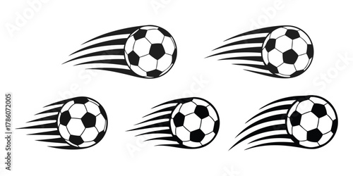 Dynamic flying soccer balls with speed trails, perfect for sport event designs and emblems isolated on white background