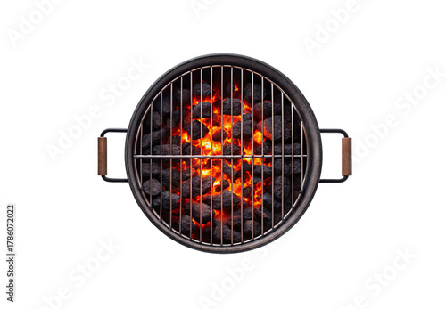 Circular black grill top view showing red hot coals and flames through grate, isolated on a transparent background