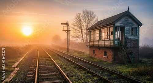 Old Railway Signal Box at Sunrise with Foggy Tracks.