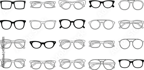 Eyeglass frame collection, black and white illustration, various styles, fashion accessories, optical design, minimalist eyewear, trendy glasses icons
