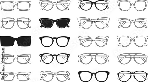 Eyeglass and sunglass frame collection, black vector illustration, fashion accessories, optical styles, trendy eyewear, rimless, full-rim, design icons