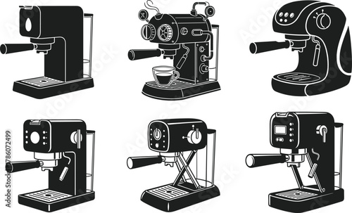Espresso coffee machine silhouette collection, modern and vintage coffee maker vector illustration for cafe, kitchen, restaurant, home brewing design