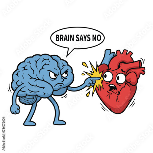 Cartoon brain character with angry expression pointing finger at a surprised heart character with speech bubble saying brain says no