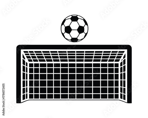 Soccer ball hovering above a detailed goalpost with net, a classic sports graphic element isolated on white background