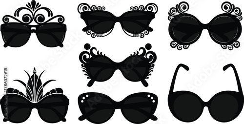 Elegant sunglasses vector collection, decorative eyewear design, fashion accessory illustration, stylish glasses silhouettes, black and white modern art concept