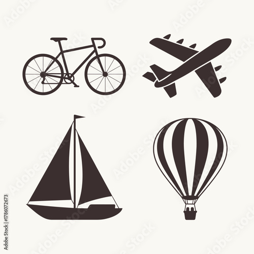 Transportation theme silhouette set with bicycle, airplane, sailboat, and hot air balloon with basket.