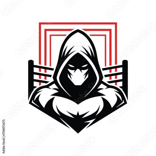 Hooded masked fighter logo, warrior emblem, sports gaming mascot design isolated on white background