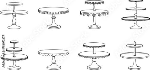 Elegant multi-tier cake stand collection, vintage dessert table display, decorative serving pedestal illustration for bakery, kitchen, wedding, celebration, vector art