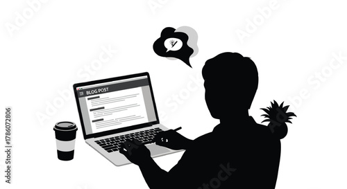 Silhouette of a person typing on a laptop with a coffee cup and a thought bubble showing a lightbulb and pencil symbolizing creativity and blogging