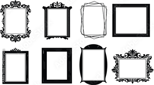 Elegant decorative photo frame collection, vintage and modern vector illustration, ornate border design, classic rectangular and oval frame set