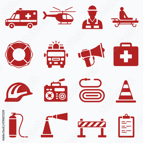 Emergency rescue response red silhouette icons set. Vector illustration.