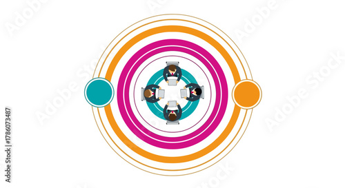 Corporate strategy session with businesspeople collaborating around a table, an aerial view concept illustration.