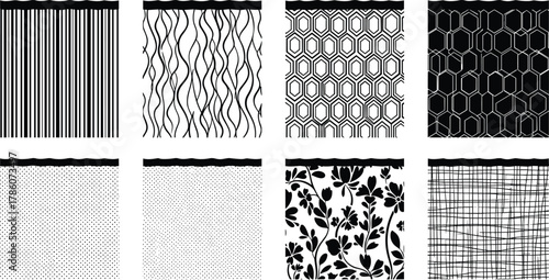 Eight different seamless pattern pouch vector set, including geometric, floral, stripe, dot, and abstract texture design for packaging