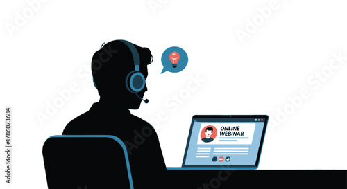 Silhouette of a person wearing headphones with a microphone attending an online webinar on a laptop with a lightbulb idea icon