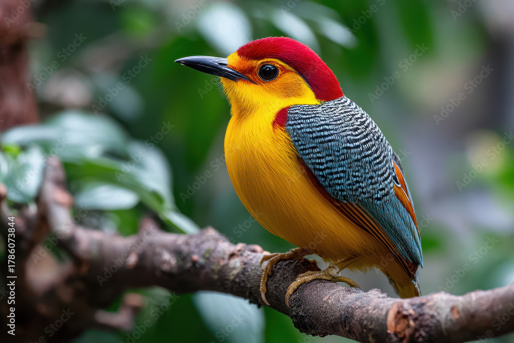 Fototapeta premium Colorful bird perched on branch in green foliage