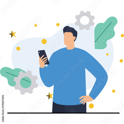 Man with smartphone, gears, and stars digital concept  flat illustration