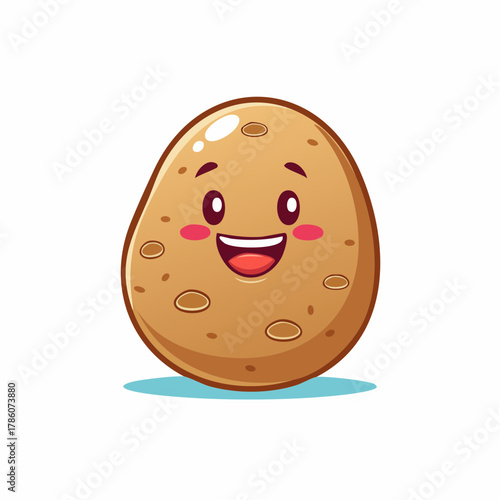 Cheerful potato cartoon character with a big smile and rosy cheeks, perfect for kids' menus, healthy eating campaigns, and playful food designs