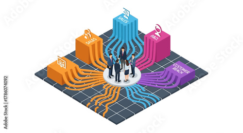 Isometric Business Integration Concept Showing a Central Team Managing Sales, R&D, and Customer Reach
