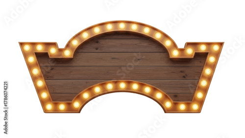 Vector illustration of vintage wooden sign with illuminated marquee lights, perfect for a retro display on a white background