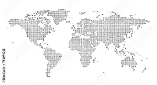 Stylized world map created with numerous small dots forming continents and landmasses on a clean white background