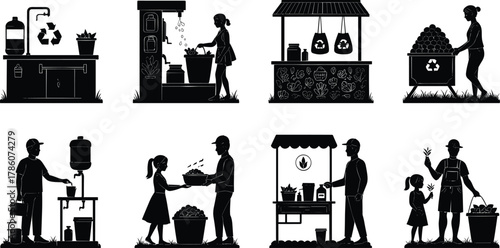 Eco-friendly lifestyle black silhouette vector, recycling, composting, community garden, refill station, sustainable living and environmental conservation illustration design