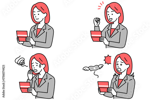 預金通帳を見るスーツの女性　セット