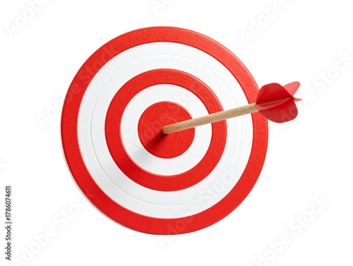 Red and White Target with Arrow in Center, Clean Front View Symbolizing Precision and Focus, isolated on transparent background.