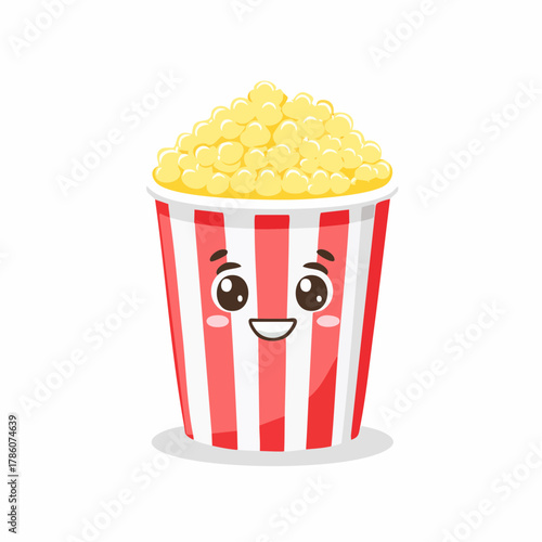 Adorable cartoon popcorn character grinning cheerfully in a red and white striped container, perfect for fun, playful designs and family entertainment concepts