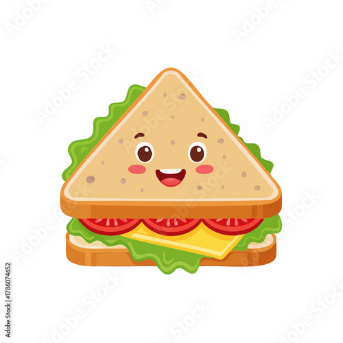 Delightful sandwich character smiling, ready for lunchtime fun! Perfect for kids menus, food blogs, or playful nutrition campaigns, bringing joy to mealtime
