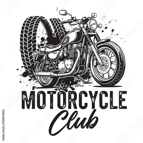 Classic motorcycle club emblem with detailed vintage bike and tire illustration on white background