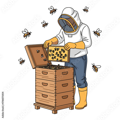 Beekeeper in protective suit carefully inspecting a honeycomb frame filled with bees from a wooden beehive