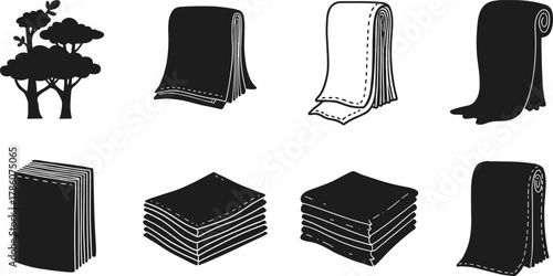 Eco friendly paper product vector set, black and white tissue roll, napkin stack and towel illustration for recycling concept design