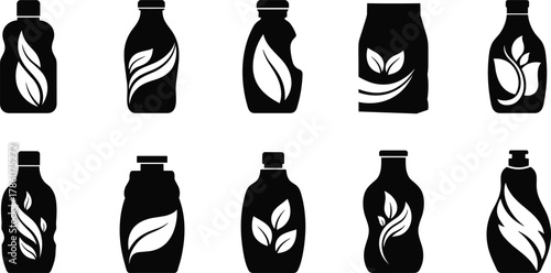 Eco friendly bottle silhouette set, organic packaging icons, natural product container illustration, biodegradable design concept, sustainable plastic alternative, vector art