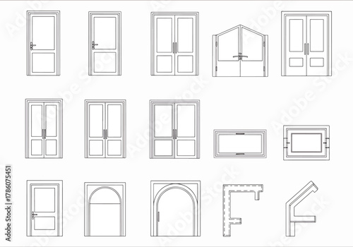 Collection of architectural drawing elements featuring various door and window designs, including arched and double doors, for design projects