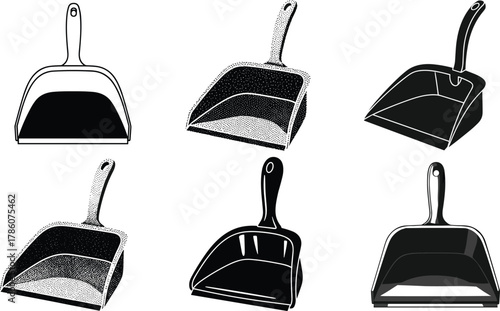 Dustpan vector collection, black and white household cleaning tools illustration, plastic scoop design, realistic dust pan set for hygiene concept