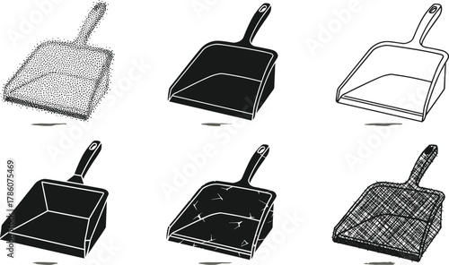 Dustpan vector illustration set, black and white household cleaning tools, vintage drawing style, plastic dust pan, home cleaning equipment